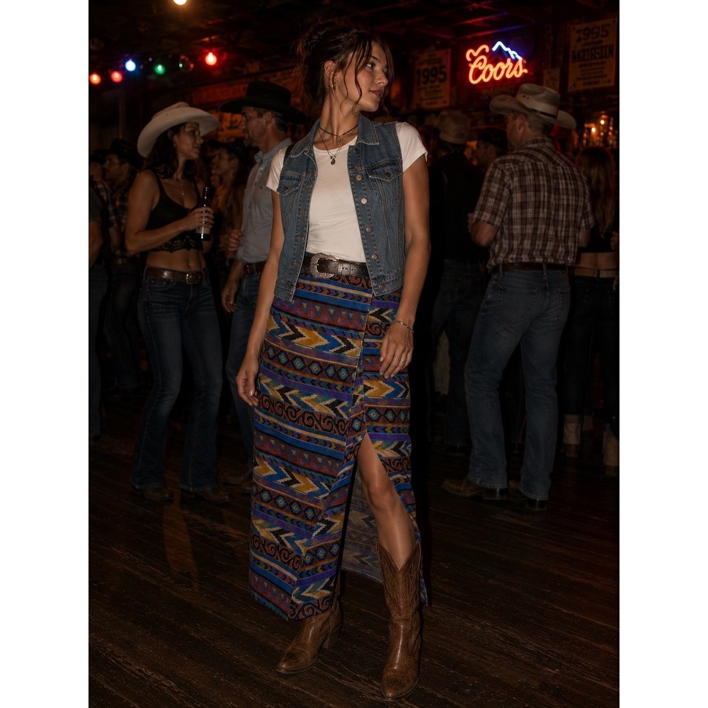 VTG Aztec Switch Skirt Sz 9 Southwest Wrap Style 90's Blue Purple High Waist USA
